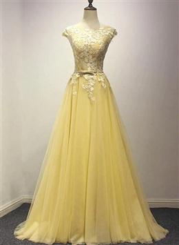 Picture of Pretty Yellow Long Prom Dresses, A-line Round Neckline Formal Dresses